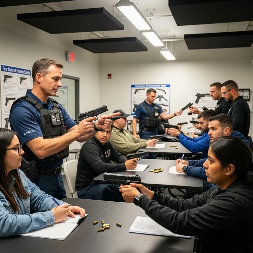 Instructor teaching firearm safety course, highlighting responsible ownership and community education