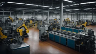 a panoramic view of a high-tech factory floor bustling with advanced robotics and machinery in operation.