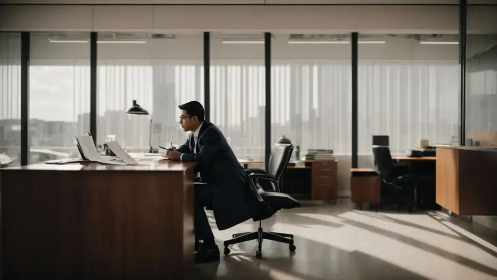 a person sitting across from a lawyer in a neat office, both discussing documents spread out on the desk.