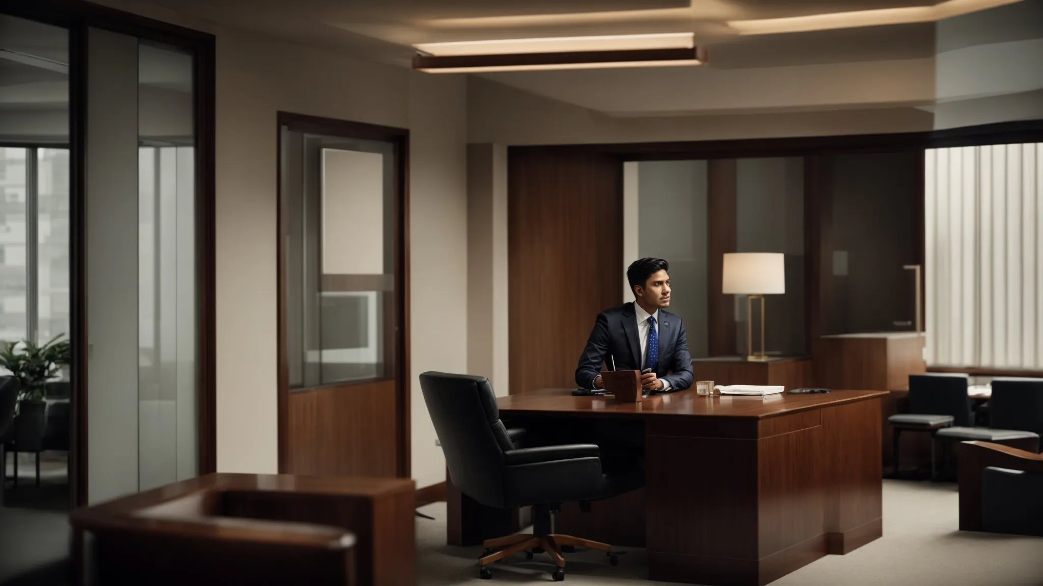 a lawyer is speaking with a concerned client in a private office.
