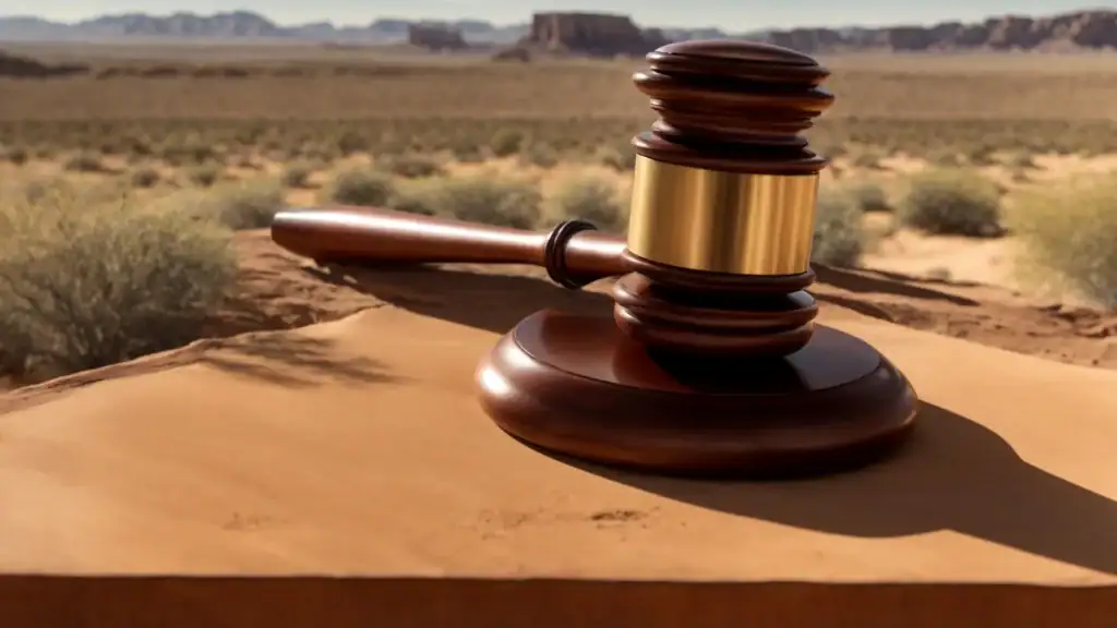 a gavel resting on a table with the backdrop of the arizona desert, symbolizing the judicial system within the state's unique environment.