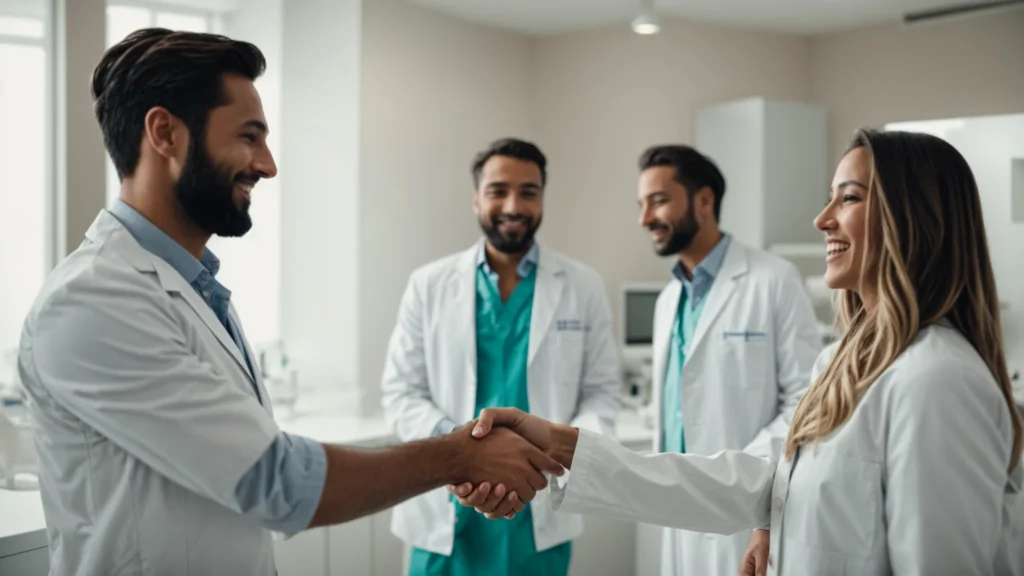 a group of dentists shaking hands in agreement in a modern dental clinic.