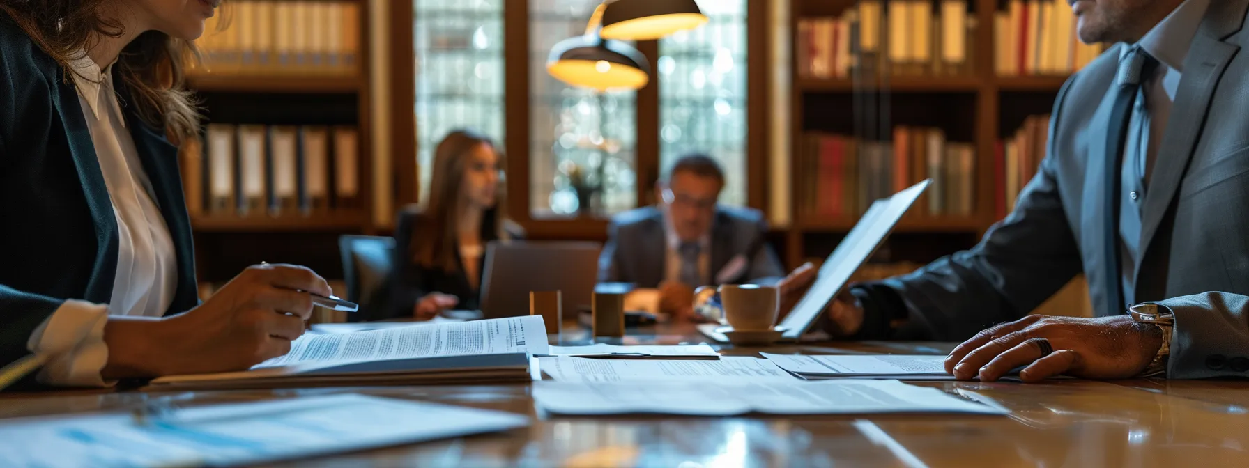 a person with legal professionals discussing documents and paperwork in a law office.