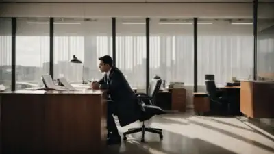 a person sitting across from a lawyer in a neat office, both discussing documents spread out on the desk.