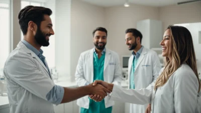 a group of dentists shaking hands in agreement in a modern dental clinic.