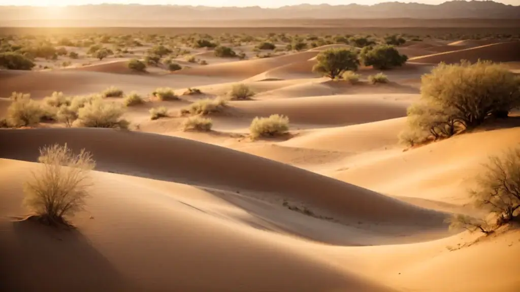 a broad sunlit path winding through a serene desert landscape, symbolizing new beginnings and a clearer horizon.