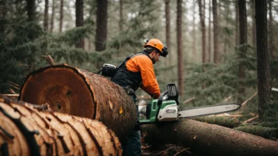 a professional tree removal contractor operates a chainsaw with safety gear beside a large fallen tree.