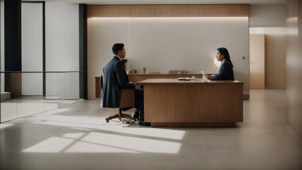 a person sitting across from a lawyer in a consultation room, discussing documents.