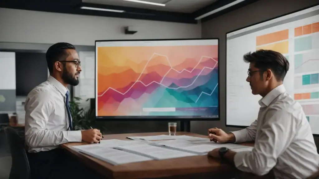 two professionals in a meeting room brainstorm over a large digital screen displaying a colorful business strategy roadmap.